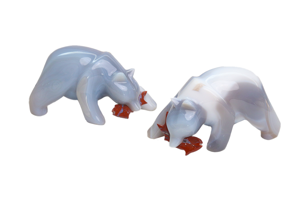 Agate Bear Eating Fish Carvings