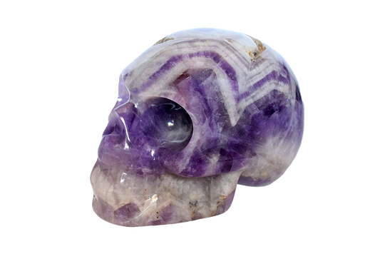 Handmade Banded Amethyst Skull Carvings. Luxury Modern Interior Decoration