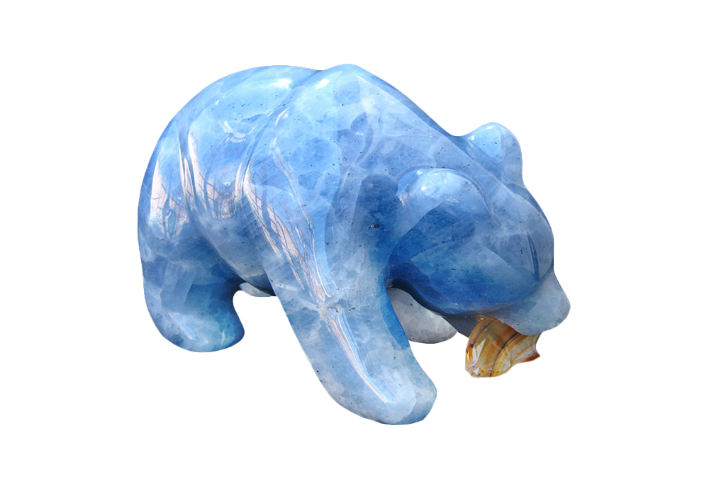 Blue Calcite Bear Eating Fish Carvings