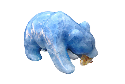 Blue Calcite Bear Eating Fish Carvings