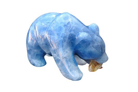 Gem Decor® Blue Calcite Bear Eating Fish Handmade Carvings - Luxury Decoration and gift