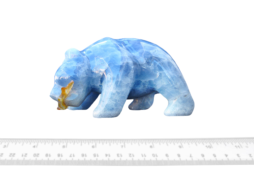 Blue Calcite Bear Eating Fish Carvings