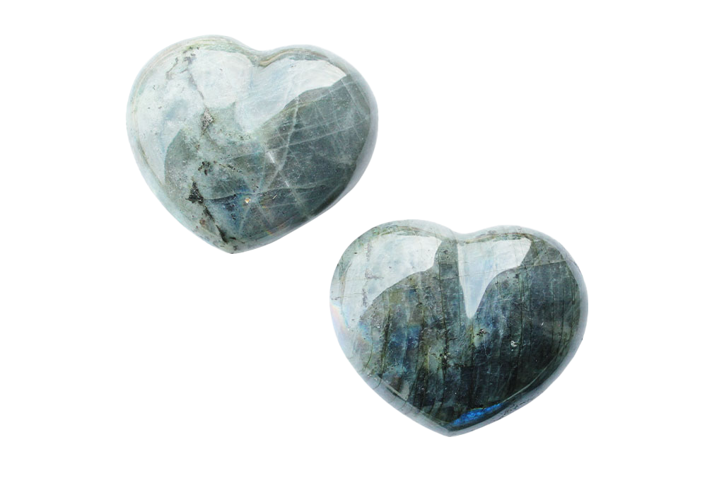 Peacock Blue Labradorite Heart Carvings. Luxury and modern home decor. Gift idea items