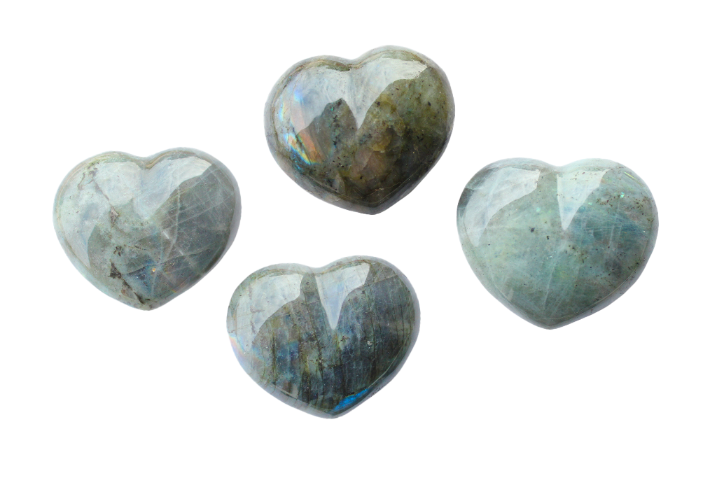 Peacock Blue Labradorite Heart Carvings. Luxury and modern home decor. Gift idea items