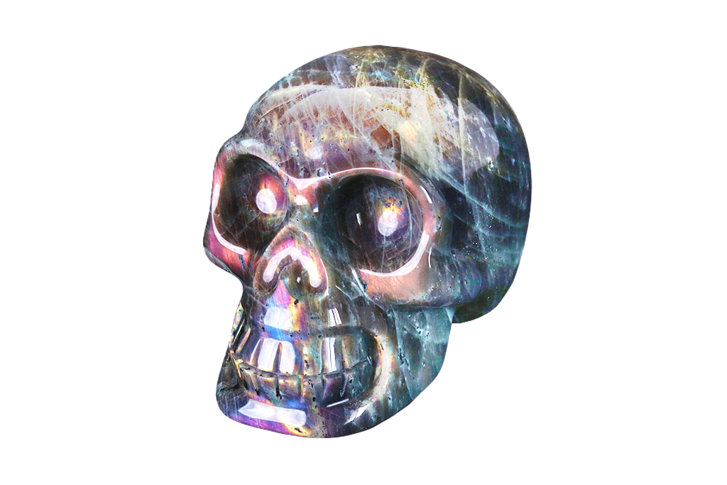Handmade Purple Labradorite Skull Carvings. Luxury Modern Interior Decoration