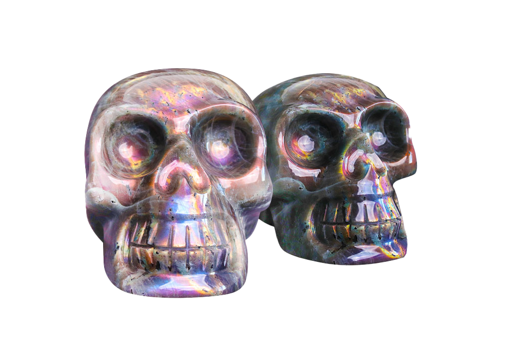 Handmade Purple Labradorite Skull Carvings. Luxury Modern Interior Decoration