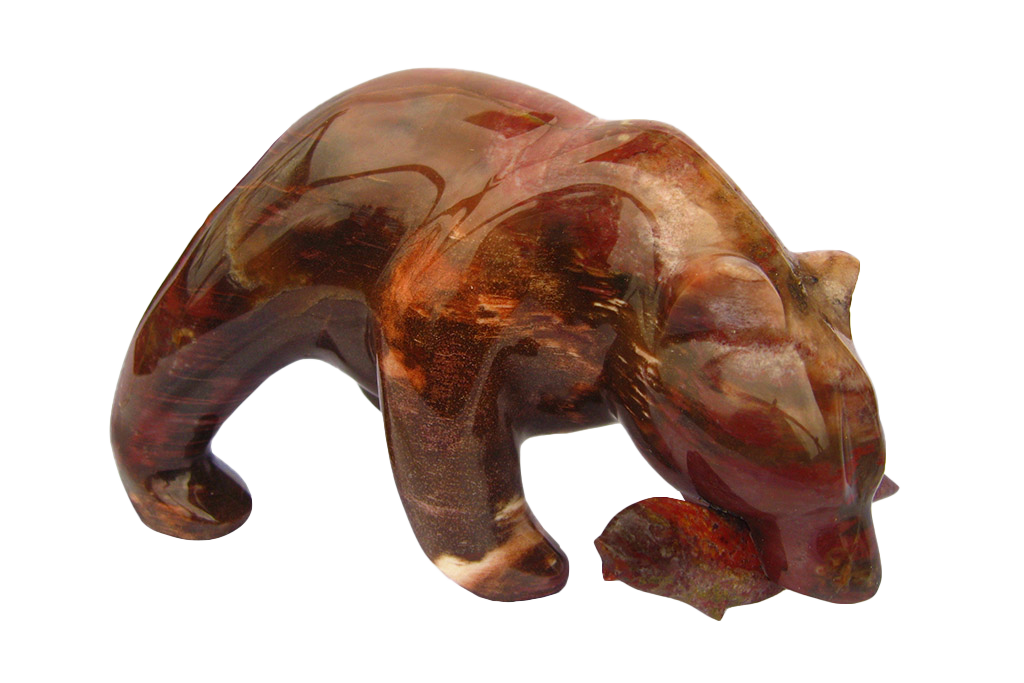 Petrified Wood Bear Eating Fish Carvings