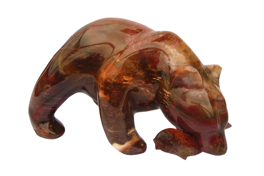 Petrified Wood Bear Eating Fish Carvings