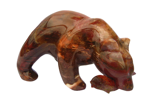 Gem Decor® Petrified Wood Bear Eating Fish Handmade Carvings - Luxury Decoration and gift
