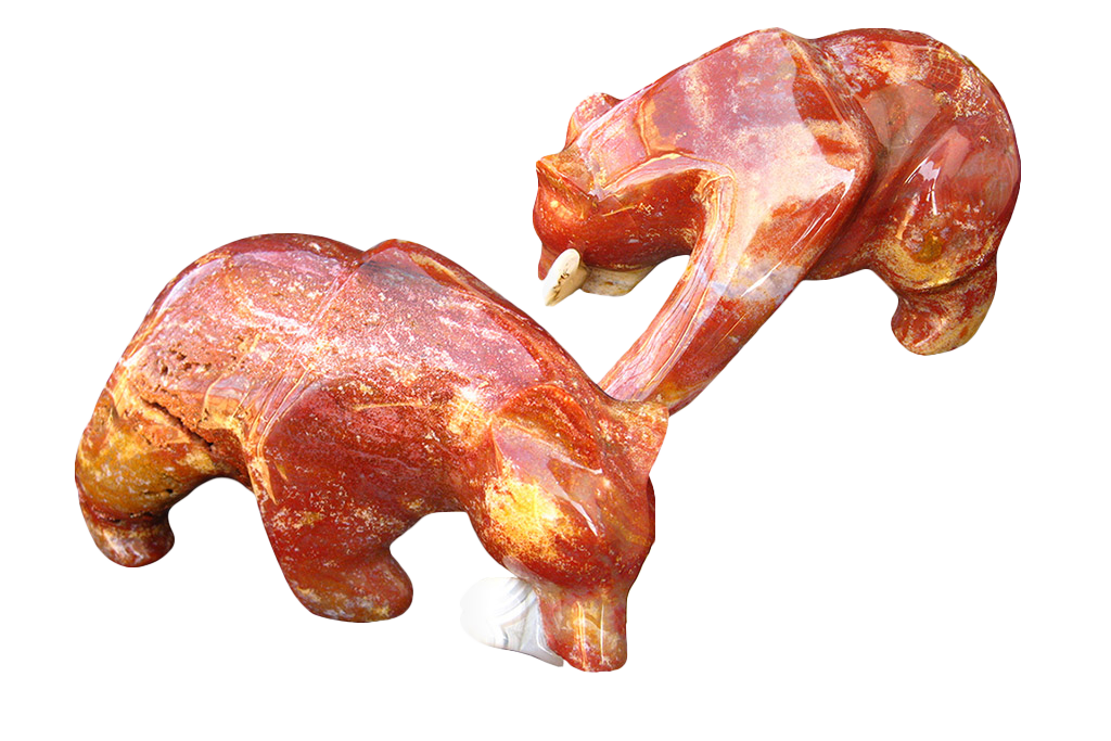 Chestnut Jasper Bear Eating Fish Carvings