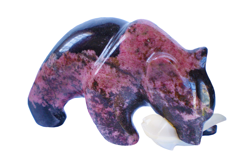 Rhodonite Bear Eating Fish Carvings