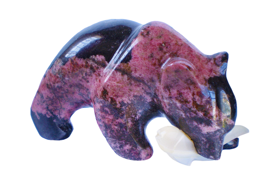 Rhodonite Bear Eating Fish Carvings