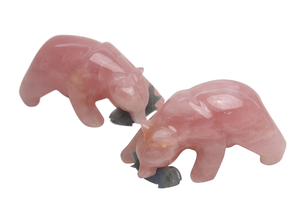 Rose Quartz Bear Eating Fish Carvings