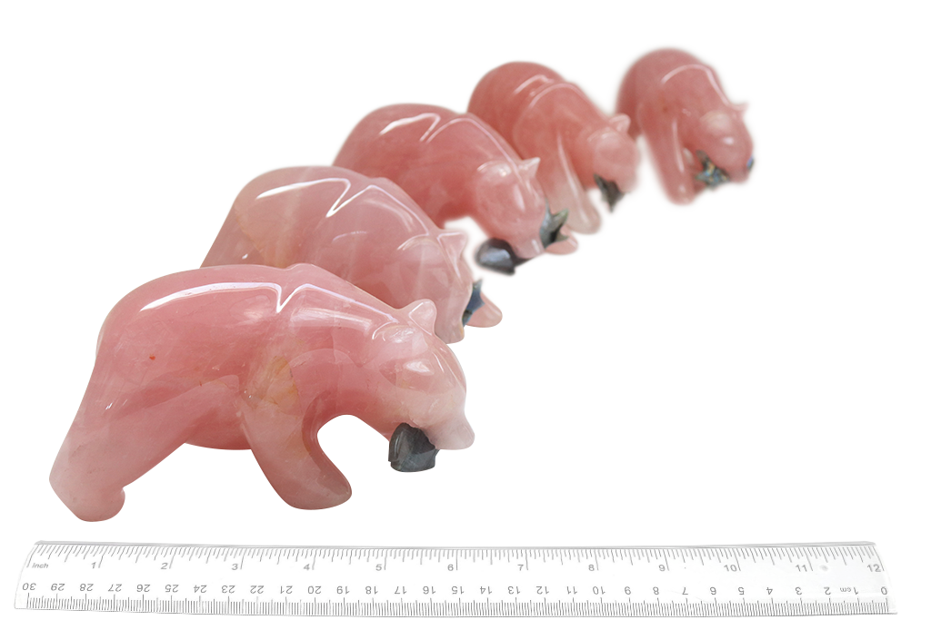 Rose Quartz Bear Eating Fish Carvings