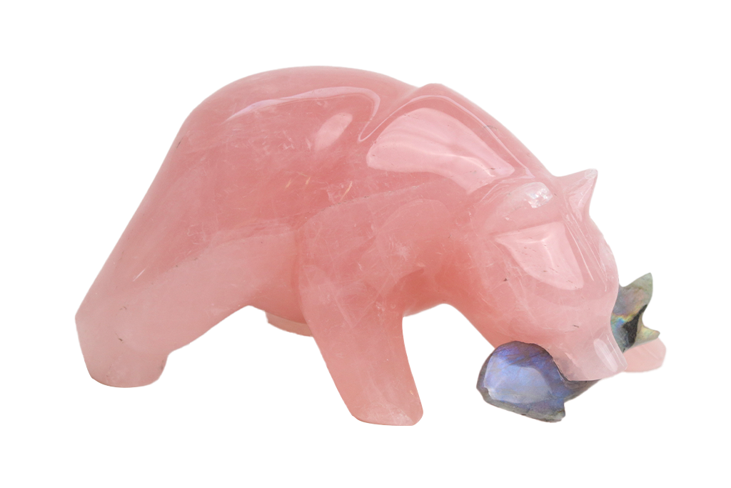 Rose Quartz Bear Eating Fish Carvings