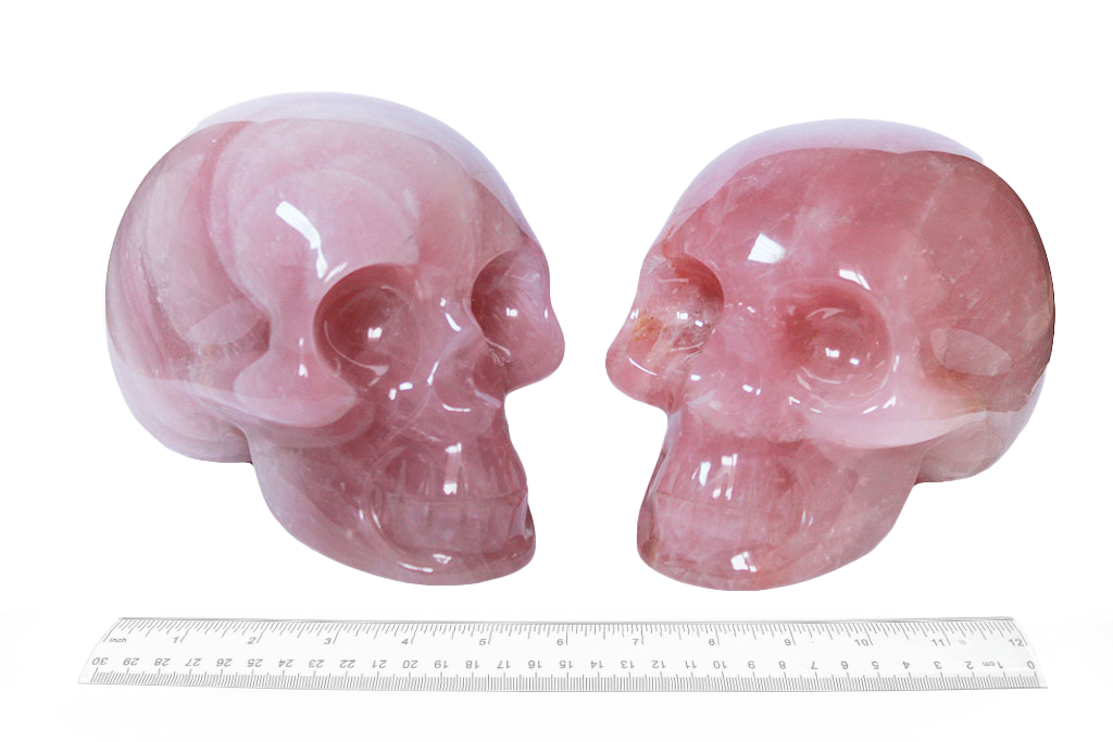 Handmade Rose Quartz Skull Carvings. Luxury Modern Interior Decoration