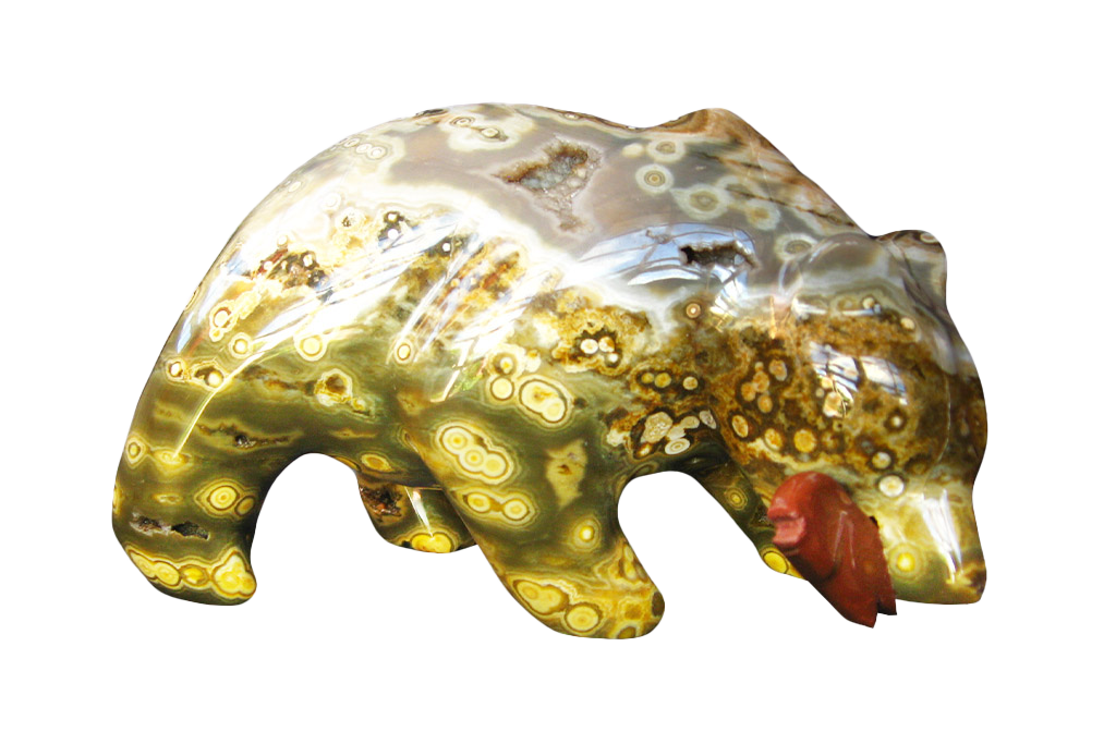 Sea Jasper Bear Eating Fish Carvings