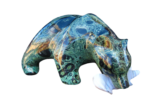 Gem Decor® Crocodile Jasper Bear Eating Fish Handmade Carvings - Luxury Decoration and gift