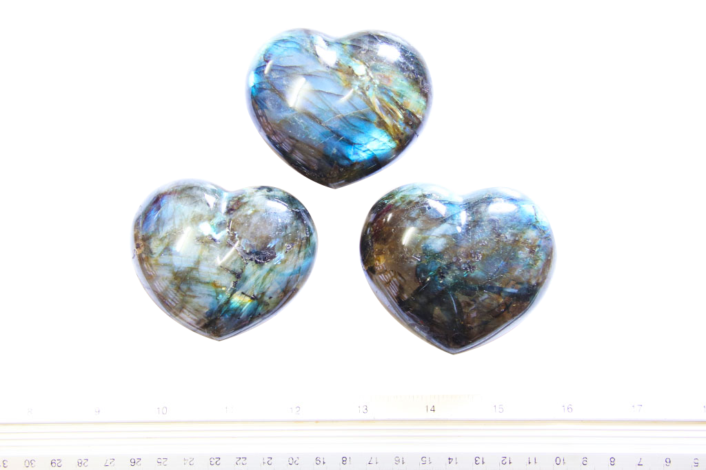 Electric Midnight Labradorite Heart Carvings. Luxury and modern home decor. Gift idea items