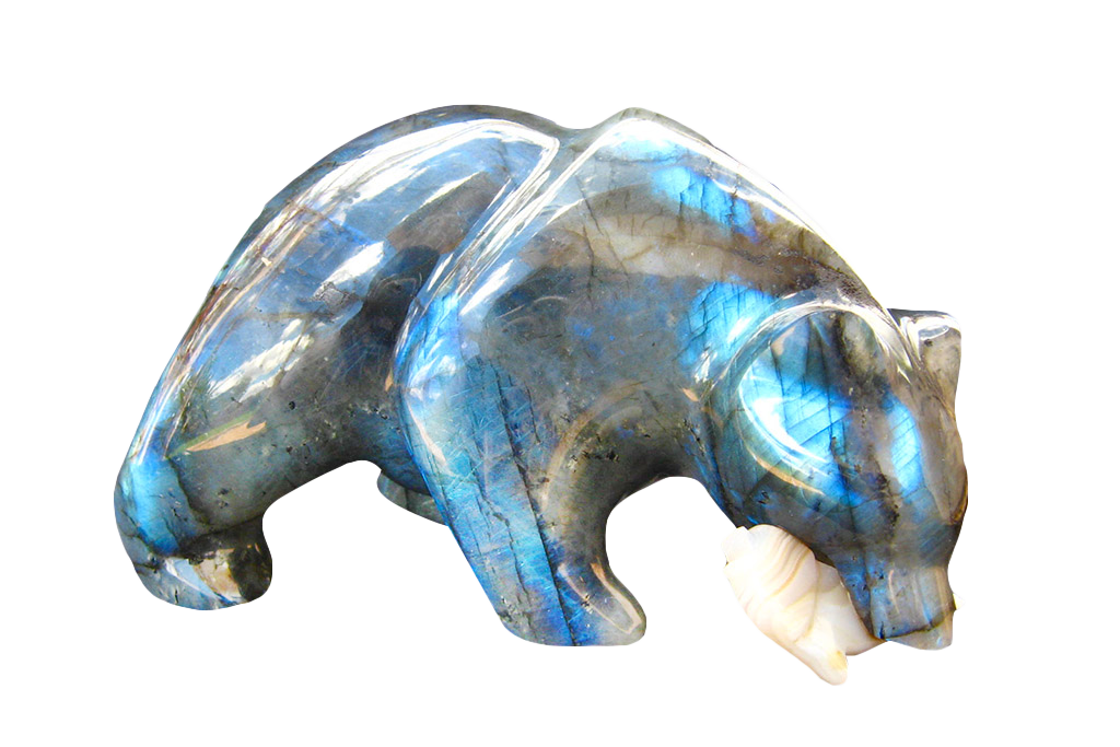 Labradorite Bear Eating Fish Carvings