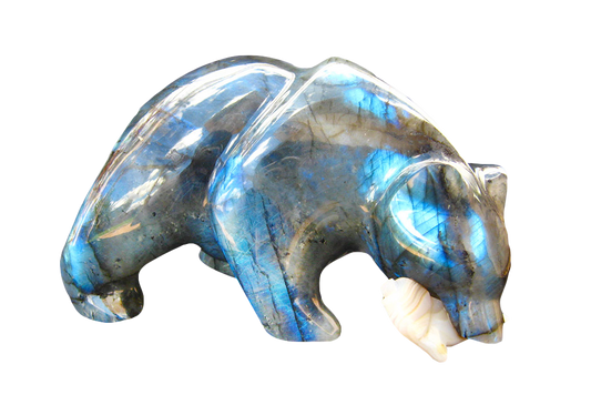 Labradorite Bear Eating Fish Carvings