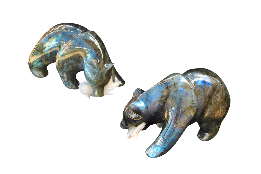 Labradorite Bear Eating Fish Carvings