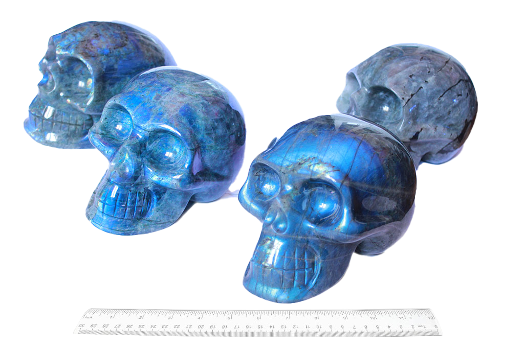 Handmade Labradorite Skull Carvings. Luxury Modern Interior Decoration