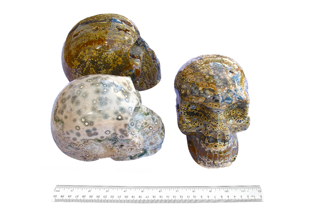 Handmade Sea Jasper Skull Carvings. Luxury Modern Interior Decoration
