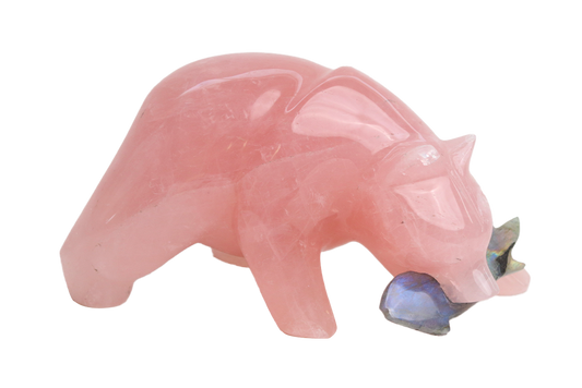 Rose Quartz Bear Eating Fish Carvings